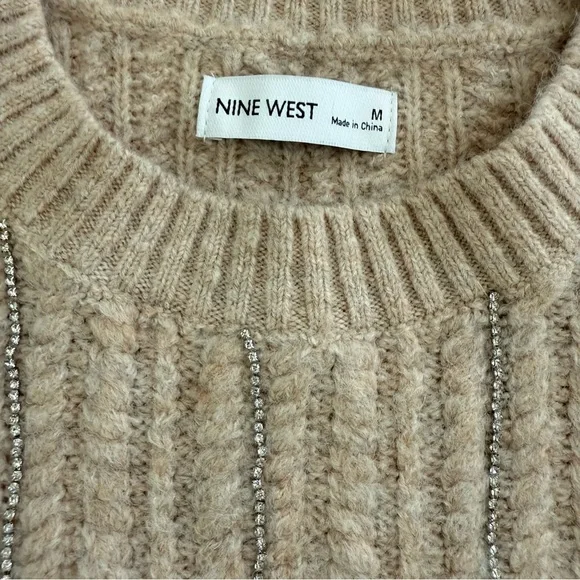 Nine West Beige Ribbed Rhinestone Knit Sweater Crew Neck Fuzzy Medium NWT - Picture 3 of 7